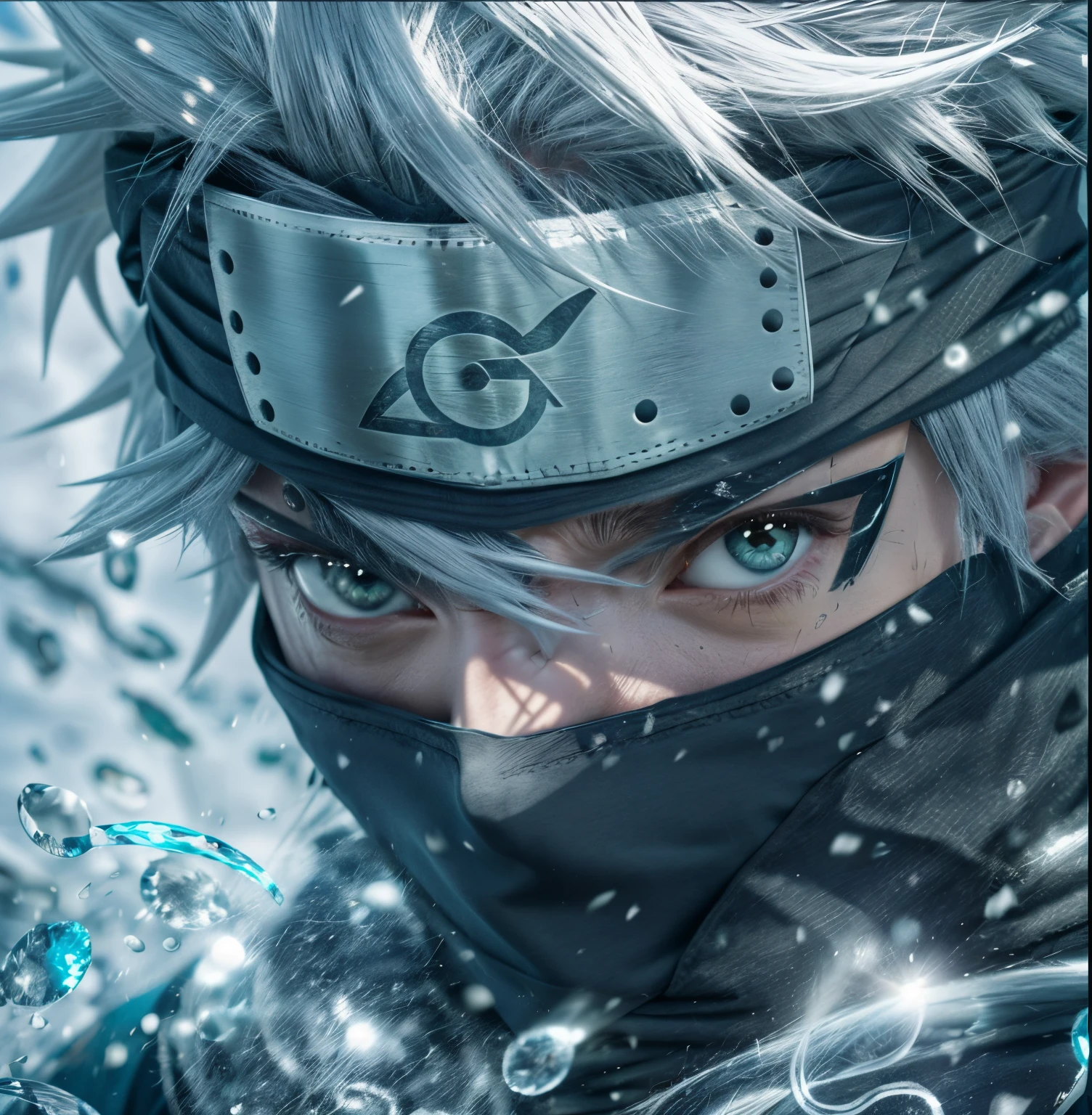 personnages d#39;anime aux cheveux blancs et aux yeux noirs dans l#39;Eau, Kakashi hatake, Kakashi, Anime badass 8 k, Clean up detailed art,