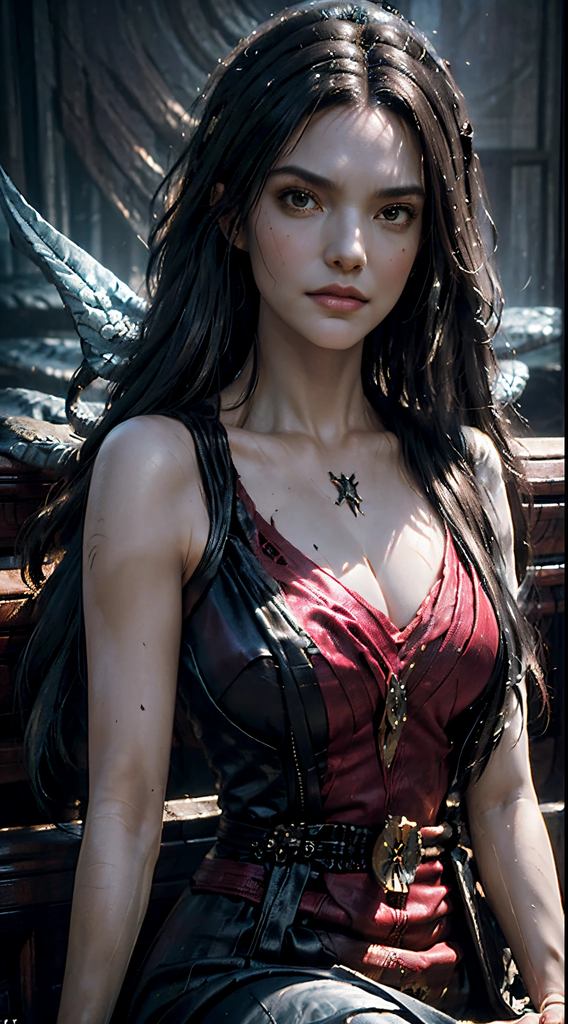 (((mesmerizingly detailed close-up portrait))), drawn in the style of iconic artists Luis Royo and Julie Bell, captures a (((malevolent Dark Phoenix Fae)))—a hybrid creature with human-like features that emanates an ethereal, haunting aura. The intricate details of the image mimic the mythical being's otherworldly essence, with ornate attire that complements its fantastical nature. The result is a (gigapixel masterpiece) that transfixes viewers with its striking beauty and unsettling, yet transcendent presence
