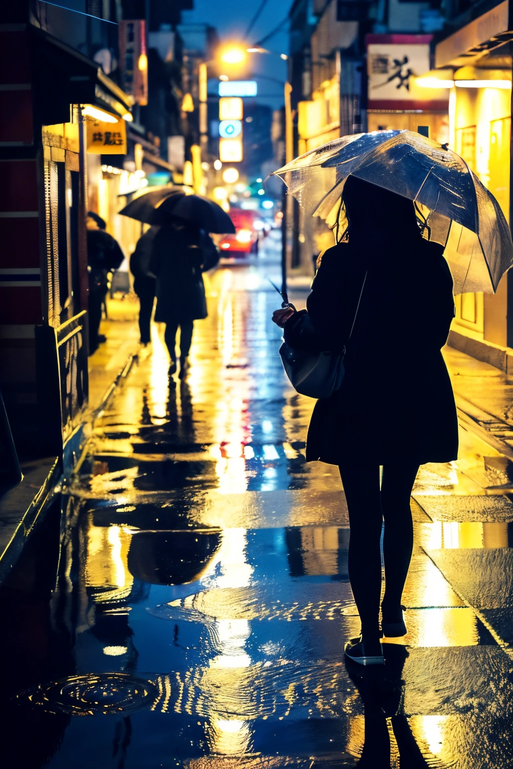 ((Best quality at best)), ((tmasterpiece)), (Detailed pubic hair), s the perfect face，A girl walks in the rain in the evening and comes far away，
The city night slowly appears