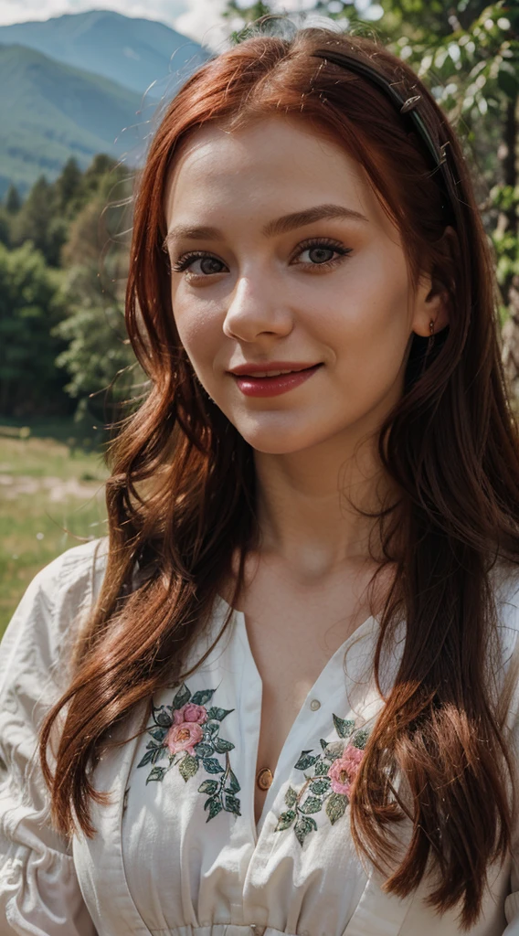 young girl ,slavic look,folk clothes,dress,blurry background,red hair,lite make up,outsite,mountain,sun,pink lipstick,polish,portrait,4k,ultra realistic,realistic face,selfie,taking photo of herself