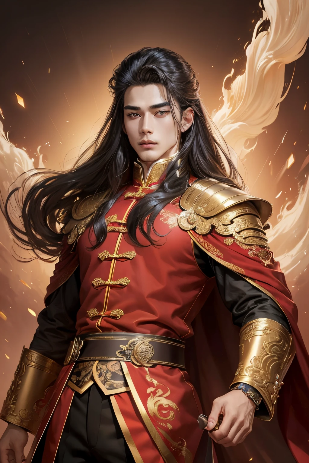 (((tmasterpiece)))，filmposter，Chinese style elements，jubilant，young  male，Twenty years old，Handsome face，long and flowing hair，Dynamic shooting angle，Gold ingot，ornate backdrop，Oriental elements，Ink wind，Background gold ingot，red envelopes