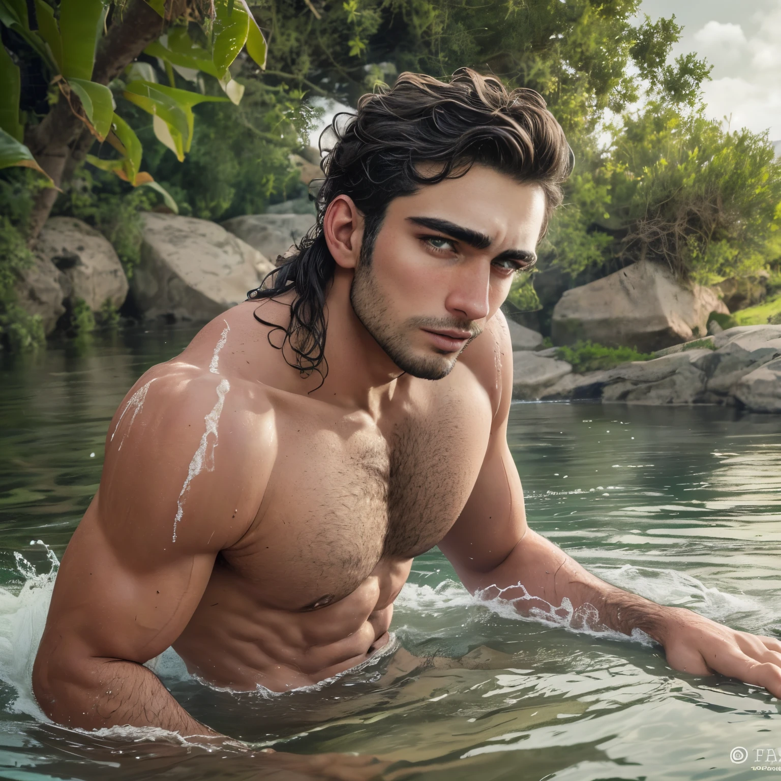 ultrahigh resolution, La mejor calidad, Cinematographer, 4k, (fotorrealista: 1.4), cinematic lighting, Handsome 30 year old man bathing in the river........., barba, ojos verdes