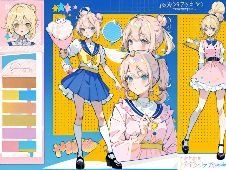 supreme， white shirt, blond hair，pink eyes，Standing on your feet，submachine gun，Detailed Genshin graphics，anime character design，anime concept art，pretty anime character design，anime character reference sheet，[Character design]，1girl in, ((Character information)、(Chara Leaf)、pastel dimmed colors, (Yellow color palette.:1.2, Blue:1.2, Pink:1.2), (blond bun ), Short fashionable skirt, Sitting on a throne of sweets and pastries, For example, doughnut, splash, candy, Lollipop, lollipop cane, a cake, cupcake, Cake Pop, Ruffles and lace, polka dot,(Lush pastel dresses), petite girl,Type sheet, Character Sheets, Three types，Shot Full Body，Game Character Design, yellow bow tie, blue skirt,