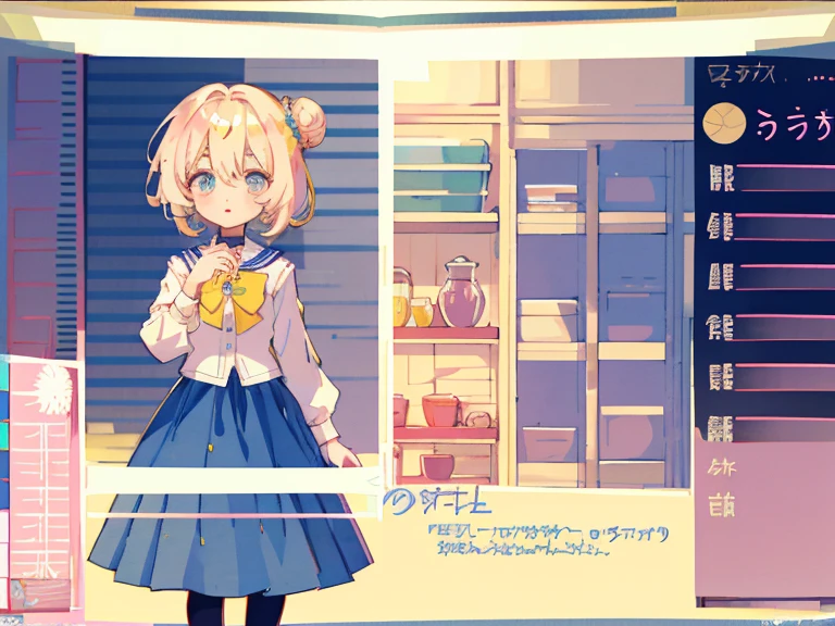 supreme， white shirt, blond hair，pink eyes，Standing on your feet，submachine gun，Detailed Genshin graphics，anime character design，anime concept art，pretty anime character design，anime character reference sheet，[Character design]，1girl in, ((Character information)、(Chara Leaf)、pastel dimmed colors, (Yellow color palette.:1.2, Blue:1.2, Pink:1.2), (blond bun ), Short fashionable skirt, Sitting on a throne of sweets and pastries, For example, doughnut, splash, candy, Lollipop, lollipop cane, a cake, cupcake, Cake Pop, Ruffles and lace, polka dot,(Lush pastel dresses), petite girl,Type sheet, Character Sheets, Three types，Shot Full Body，Game Character Design, yellow bow tie, blue skirt,