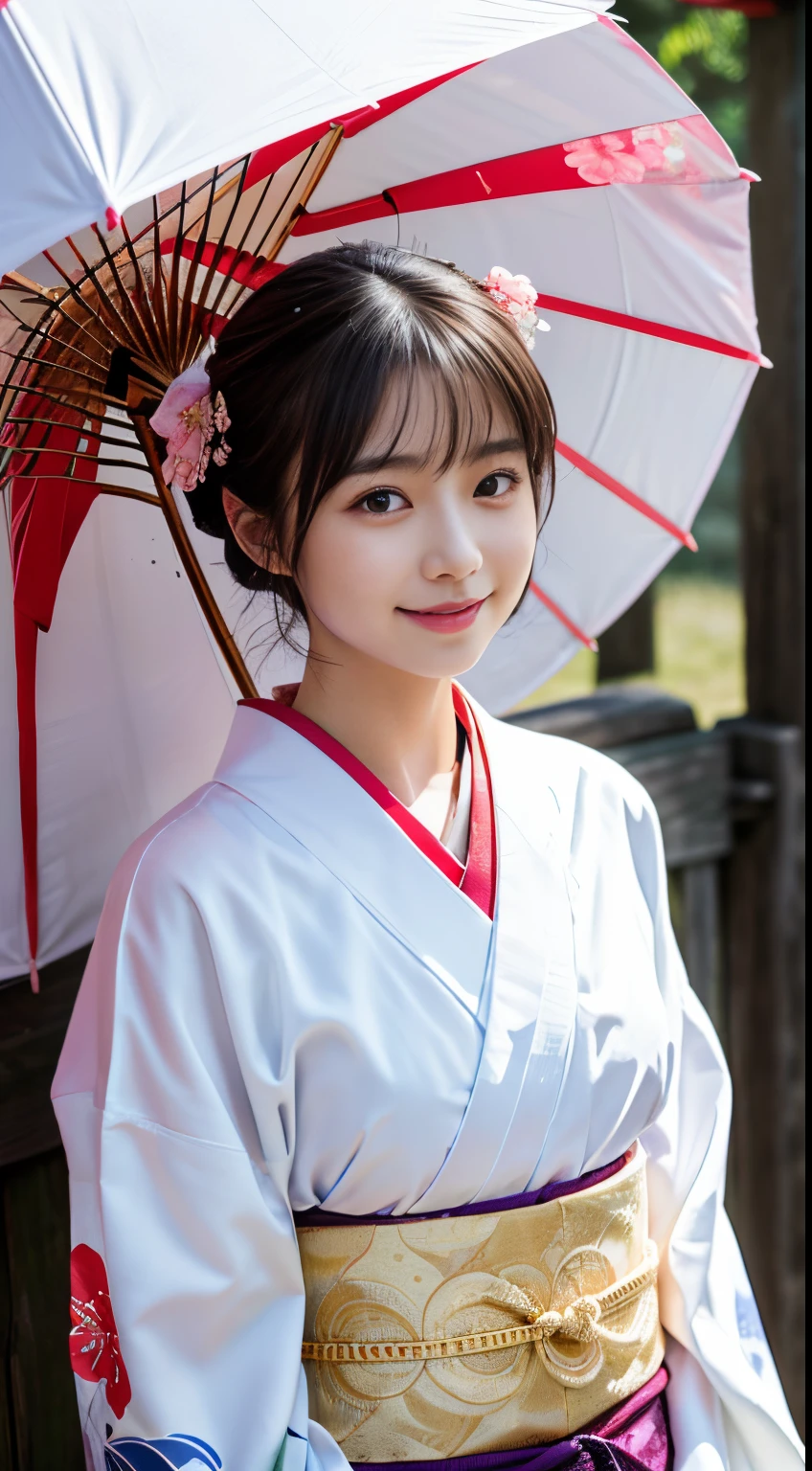 White kimono、red japanese style floral pattern、(Furisode:1.5)、tabi、(top grade)、1人の女性、18year old、full body Esbian、A dark-haired、Bunching your hair back、(reallistic:1.7)、((Top image quality))、absurderes、(超A high resolution)、(Photorealsitic:1.6)、Photorealsitic、octane renderings、(hyper realisitic:1.2)、(photorealiscic face:1.2)、(8K)、(4K)、(masterpiece)、(realistic skin textures)、(illustratio、Cinematographic lighting、wall-)、(beautidful eyes:1.2)、((((face perfect))))、(Cute face like an idol:1.2)、( Standing)、shrines、torii gate、(1 moon)、Detailed cute face、Realistic Beauty、A smile、