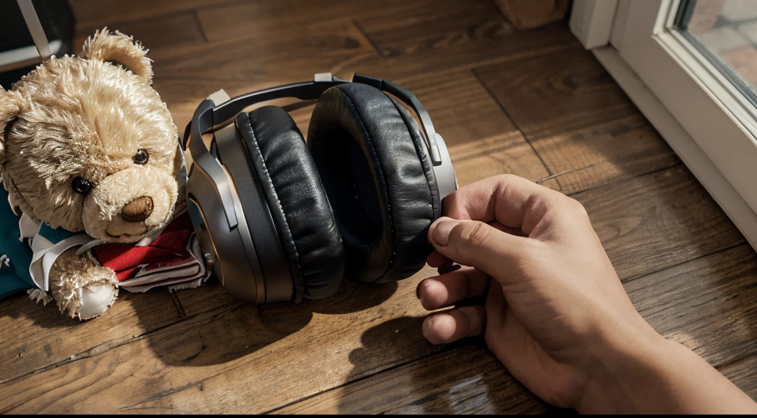on the ground, a child's hand clutches a phone in the palm of his hand, next to headphones and a toy teddy bear, photorealistic graphics, carefully draw the details of headphones and phone, HD quality