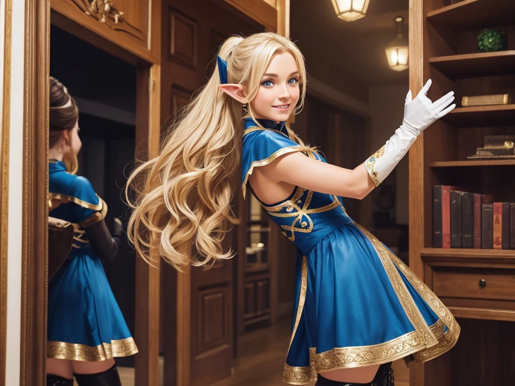 1 Santa Claus (man:1.3) and 2 young women dancing in the office. side view BREAK (a man) dressed as Santa Claus dances in the center of the frame BREAK blonde elf with blue eyes, beatiful face, long wavy hair, in a blue dress with gold embroidery, leather gloves above the elbow, thigh boots. BREAK brunette elf, hair ponytail, cute face, in a white dress with black embroidery, leather gloves above the elbow, thigh boots. BREAK smile, laughter, atmosphere of celebration and fun, hiquality. 8K.