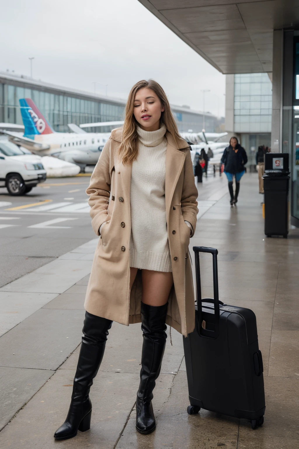 ((best quality)), ((masterpiece)), (detailed), perfect face blonde woman in a winter coat and black boots, standing with suitcases in front of the airport. She has one eye closed and is sticking out her tongue. Winter airport background. Full body visible ! Show funny emotion