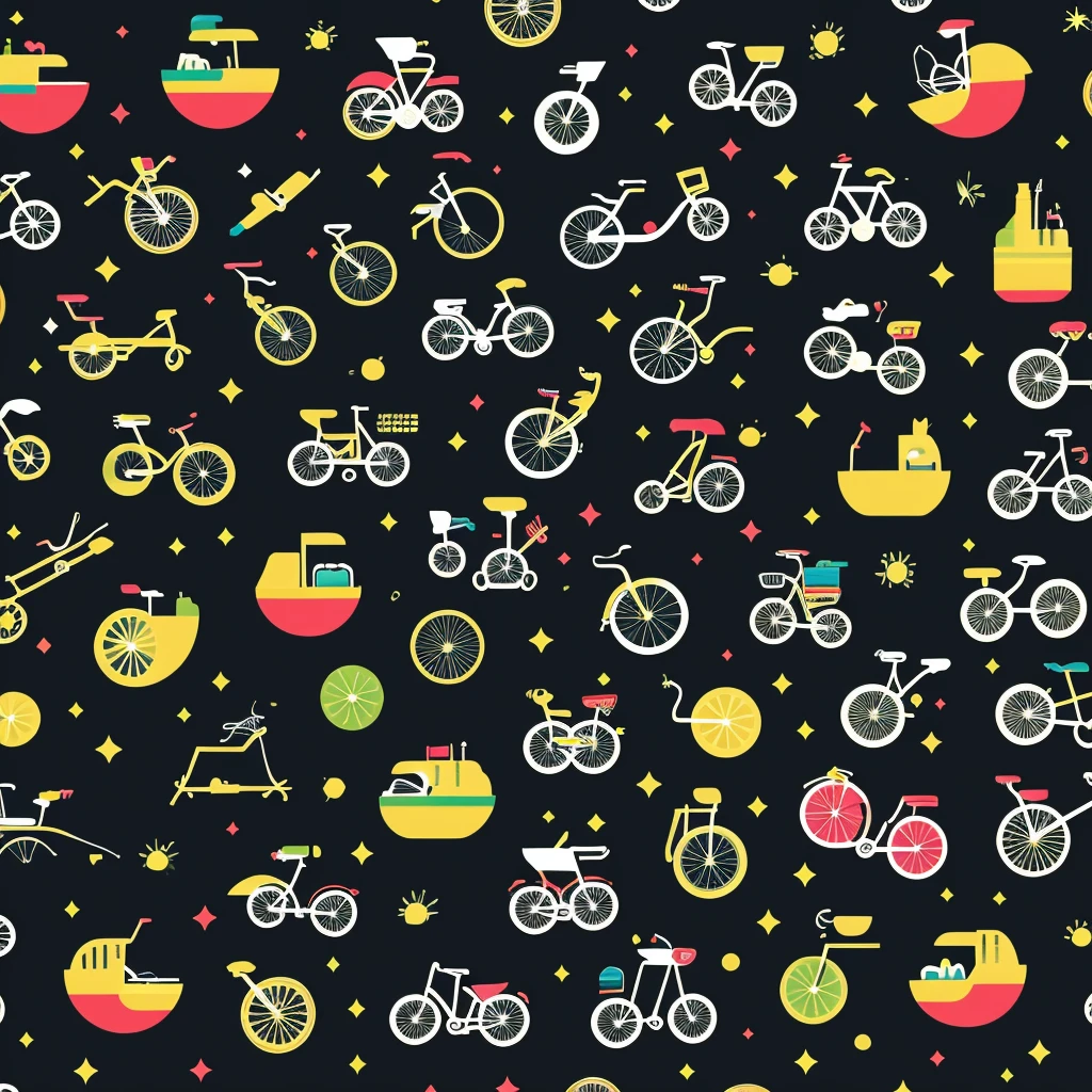 Graphic Design, Flat design, Small Bikes,Overall pattern、 London Street, Vivid colors, clean, Vector image, Professional Photographer, explosion of smoke, Simple background, flat black background, Shiny vector image.Full Design