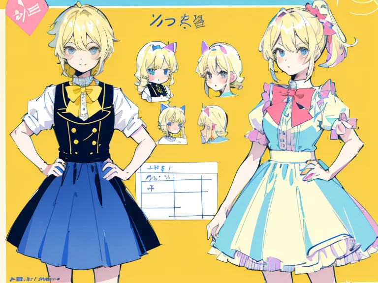 Blue skirt,supreme， white  shirt, blond hair，pink eyes，Standing on your feet，submachine gun，Detailed Genshin graphics，anime character design，anime concept art，pretty anime character design，anime character reference sheet，[Character design]，1girl in, ((Character information)、(Chara Leaf)、pastel dimmed colors, (Yellow color palette.:1.2, Blue:1.2, Pink:1.2), (a beautiful blonde ), Short fashionable skirt, Ruffles and lace, polka dot,(Lush pastel dresses),  girl,Type sheet, Character Sheets, Three types，Shot Full Body，Game Character Design, yellow bow tie,