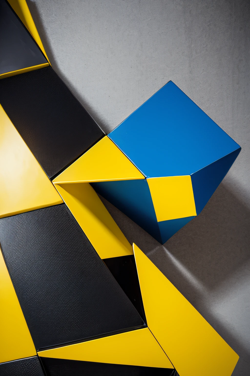 With black vertical and horizontal rot lines、A picture composed of squares in three primary colors of yellow and blue,Upright geometric shapes made of metal or plastic