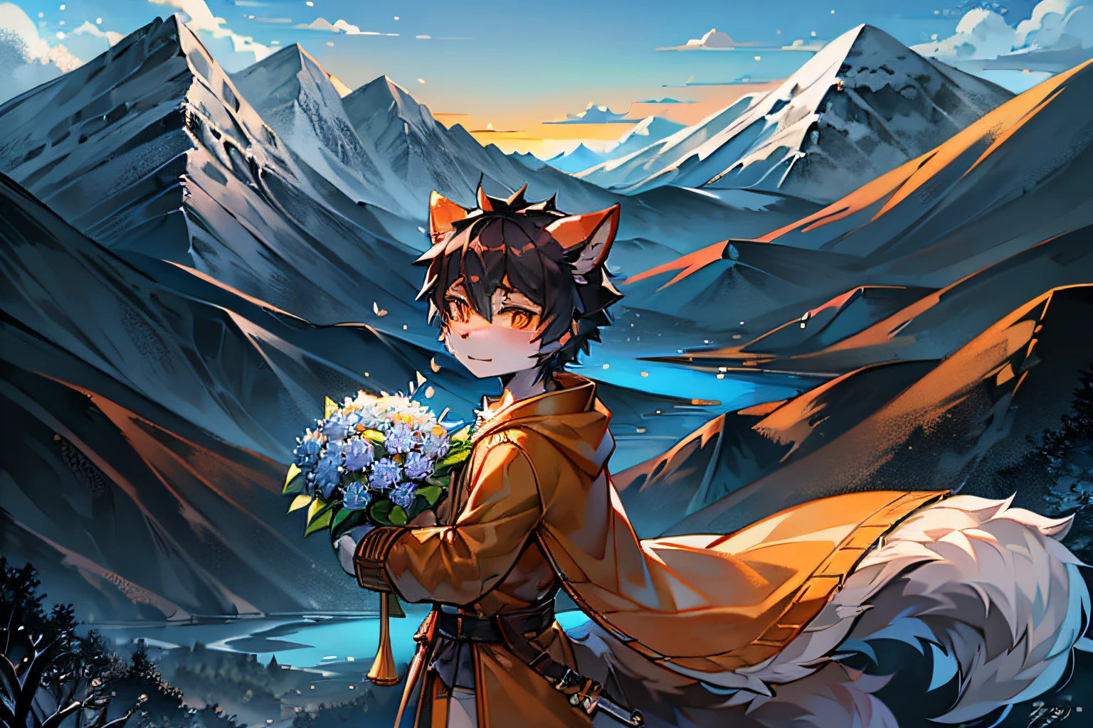 A black-haired wolf,Orange pupils,lovely boy,shota,Orange trench coat,Holding a big bouquet of blue flowers,Oyuki,Peach blossom tree,mountain ranges,Yuntao,Clear face,falling flower petals,sword sheath,wave left,nevando,blanketed in a mantle of snow,Stand in the mountains,