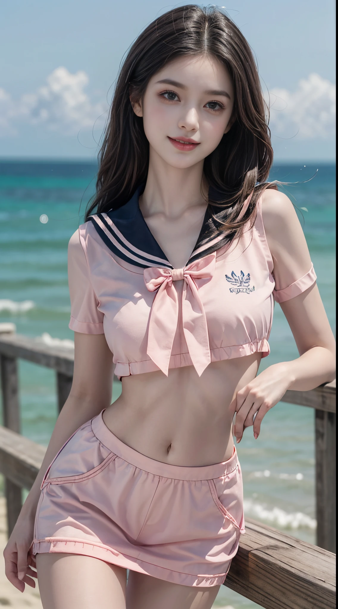 pink bow, shirt,skirt,sailor collar,midriff,fashi-girl, (best quality, masterpiece:1.2), ultra-detailed, (realistic:1.37), beautiful, youthful, glamorous model with (detailed eyes, detailed lips, extremely detailed eyes), with white and floral colors, showcasing a radiant smile, slender figure, long legs, creating a breathtaking depiction of a girl enjoying the sunshine, Outdoor sports, the beach, on the pier, leaning against the guardrail, looking into the distance