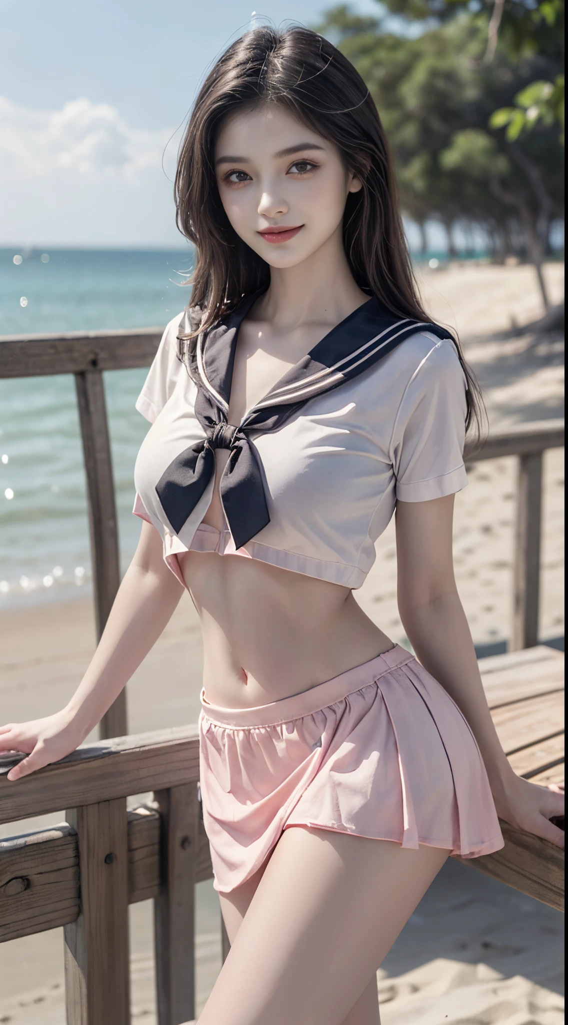 pink bow, shirt,skirt,sailor collar,midriff,fashi-girl, (best quality, masterpiece:1.2), ultra-detailed, (realistic:1.37), beautiful, youthful, glamorous model with (detailed eyes, detailed lips, extremely detailed eyes), with white and floral colors, showcasing a radiant smile, slender figure, long legs, creating a breathtaking depiction of a girl enjoying the sunshine, Outdoor sports, the beach, on the pier, leaning against the guardrail, looking into the distance