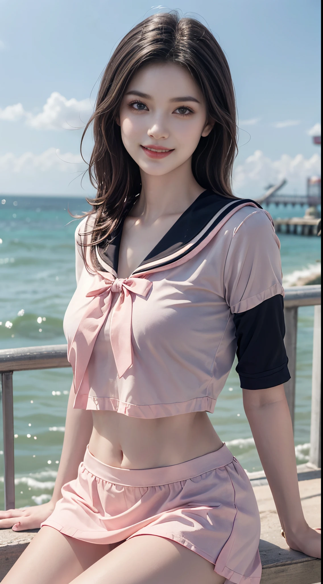 pink bow, shirt,skirt,sailor collar,midriff,fashi-girl, (best quality, masterpiece:1.2), ultra-detailed, (realistic:1.37), beautiful, youthful, glamorous model with (detailed eyes, detailed lips, extremely detailed eyes), with white and floral colors, showcasing a radiant smile, slender figure, long legs, creating a breathtaking depiction of a girl enjoying the sunshine, Outdoor sports, the beach, on the pier, leaning against the guardrail, looking into the distance