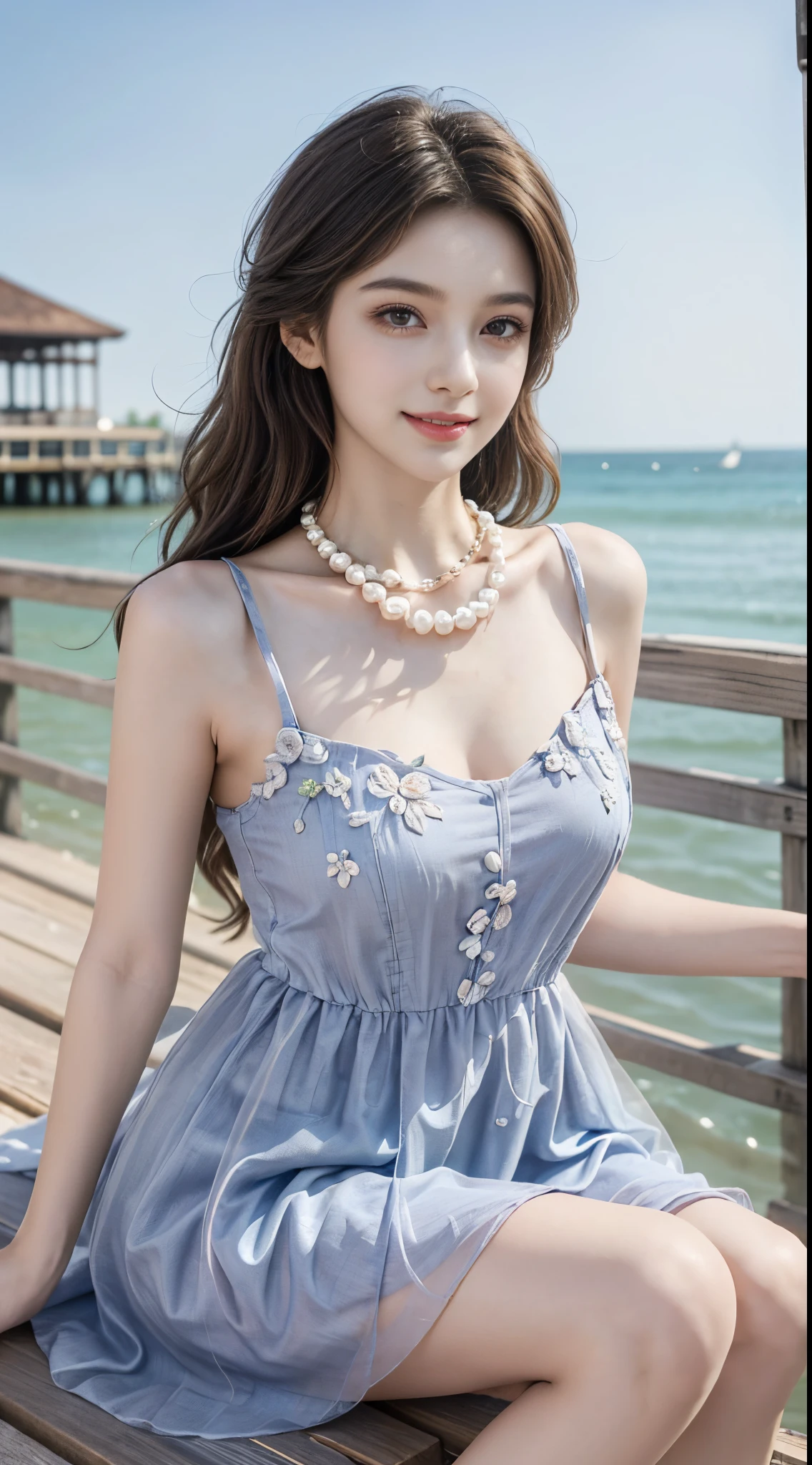 Sweet girl clothes2,pearl necklace,blue dress,flower,fashi-girl, (best quality, masterpiece:1.2), ultra-detailed, (realistic:1.37), beautiful, youthful, glamorous model with (detailed eyes, detailed lips, extremely detailed eyes), with white and floral colors, showcasing a radiant smile, slender figure, long legs, creating a breathtaking depiction of a girl enjoying the sunshine, Outdoor sports, the beach, on the pier, leaning against the guardrail, looking into the distance