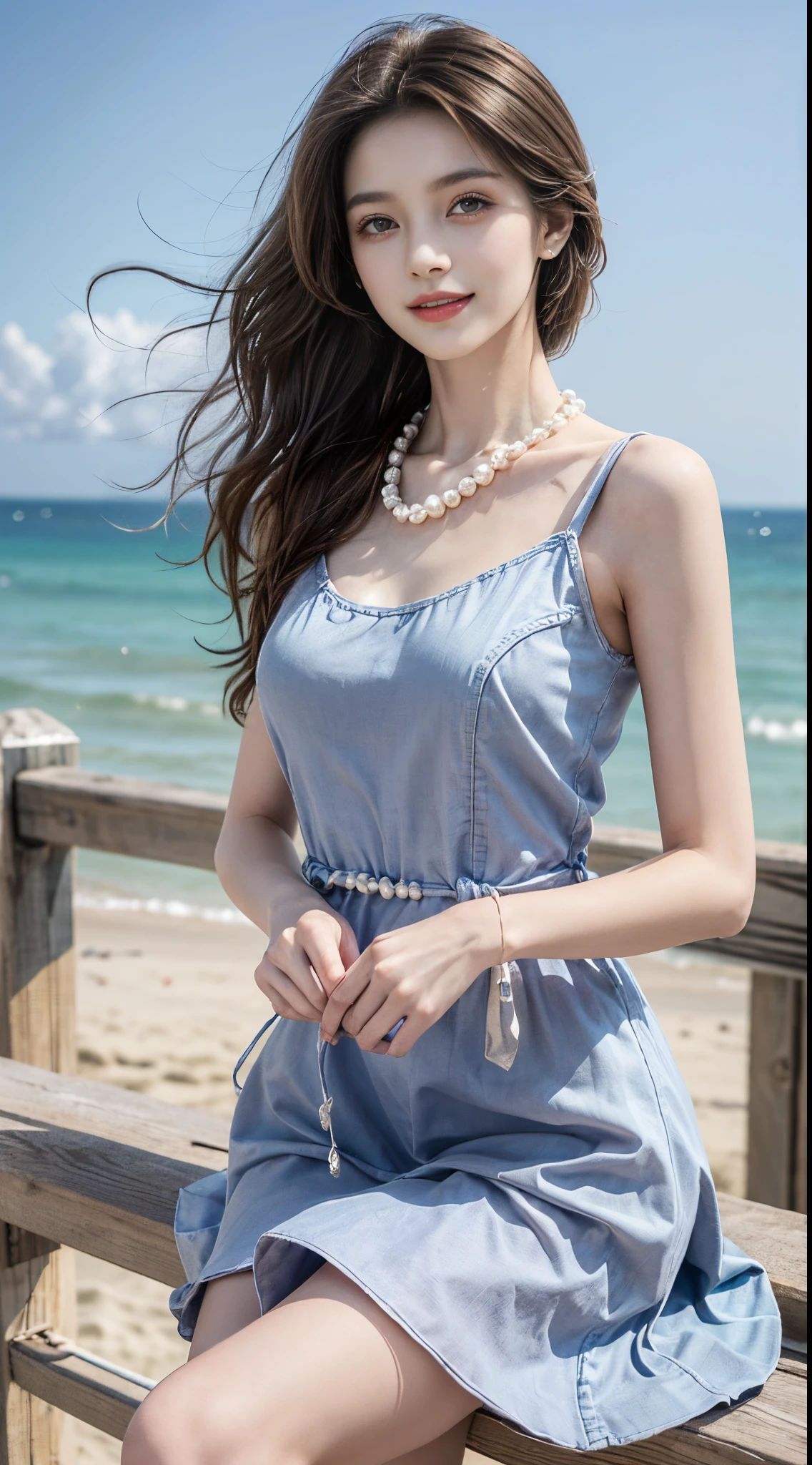Sweet girl clothes2,pearl necklace,blue dress,flower,fashi-girl, (best quality, masterpiece:1.2), ultra-detailed, (realistic:1.37), beautiful, youthful, glamorous model with (detailed eyes, detailed lips, extremely detailed eyes), with white and floral colors, showcasing a radiant smile, slender figure, long legs, creating a breathtaking depiction of a girl enjoying the sunshine, Outdoor sports, the beach, on the pier, leaning against the guardrail, looking into the distance