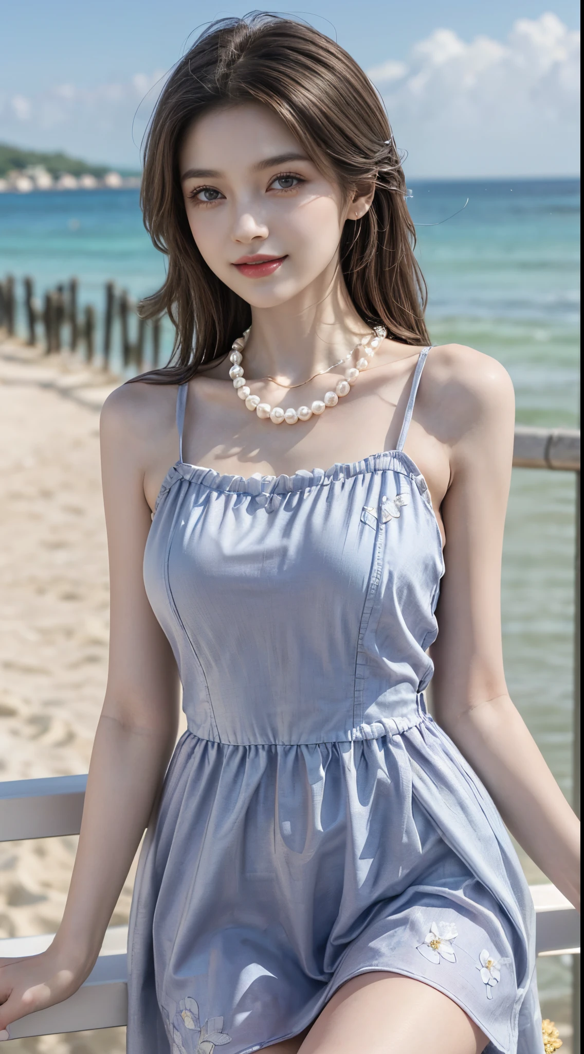 Sweet girl clothes2,pearl necklace,blue dress,flower,fashi-girl, (best quality, masterpiece:1.2), ultra-detailed, (realistic:1.37), beautiful, youthful, glamorous model with (detailed eyes, detailed lips, extremely detailed eyes), with white and floral colors, showcasing a radiant smile, slender figure, long legs, creating a breathtaking depiction of a girl enjoying the sunshine, Outdoor sports, the beach, on the pier, leaning against the guardrail, looking into the distance