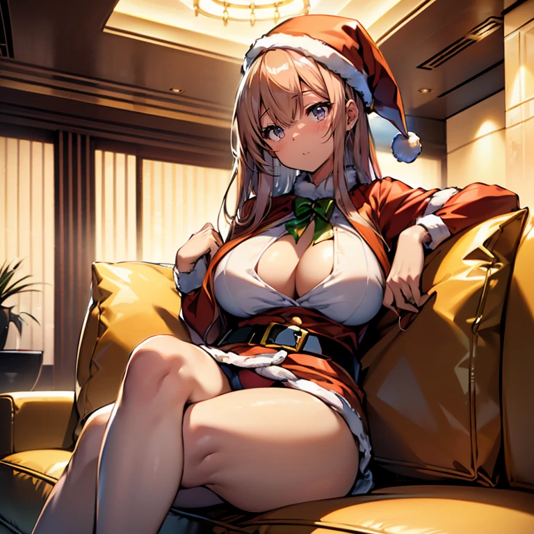 (top-quality,High resolution,(Ultra high definition,4K), (超A high resolution,in 8K),masutepiece:1.2), (Perfect Anatomy,Anatomically accurate), (Angle from above), (Soft lighting, 光线追踪), (((Sitting on a sofa in the lobby of a luxury hotel, legs open towards the ceiling))), (1 Cute High School Girl), High-definition beauty face, (santa claus), Cute panties, ((Cosplay costumes)), (Crisp double eyelids), (fascinated expression),(Large breasts:1.3),(Soft skin), (Photorealistic), (Wheat colored skin), (colourful hair)