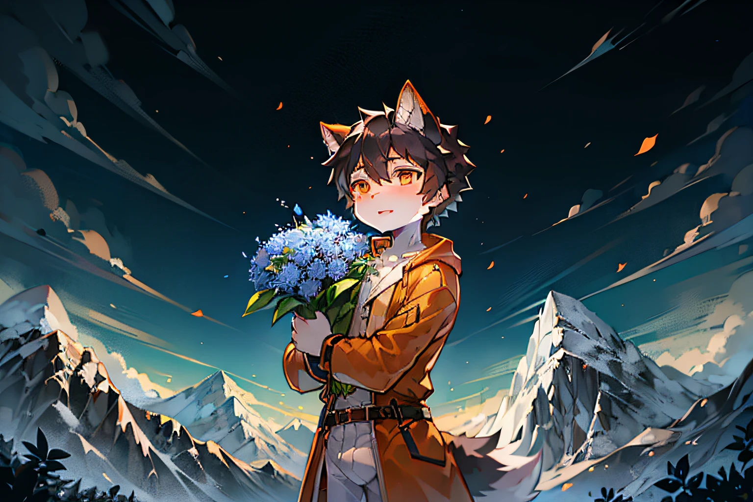 A black-haired wolf,Orange pupils,lovely boy,shota,Orange trench coat,Holding a big bouquet of blue flowers,Oyuki,Peach blossom tree,mountain ranges,Yuntao,Clear face,falling flower petals,sword sheath,wave left,white petals dress,suns