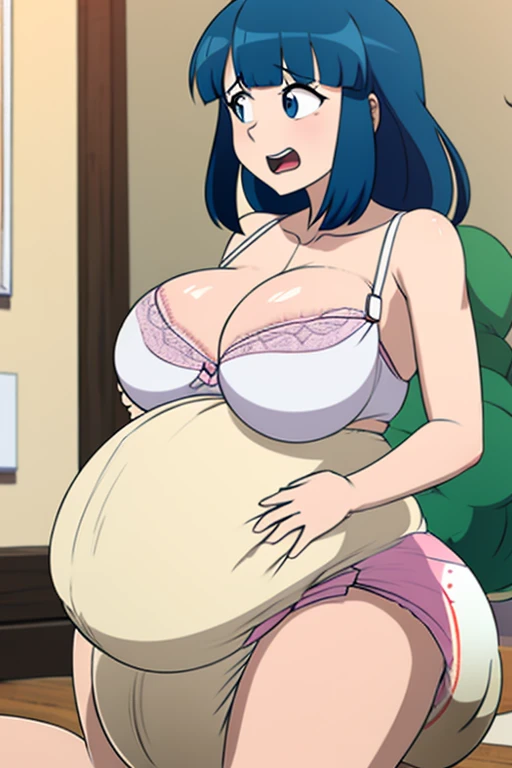 Anime woman enormous bloated expanding diaper mess, huge breast, huge pregnant belly , white bra, moaning
