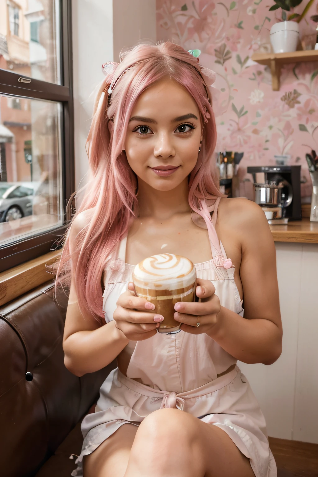 cute,pink-haired,little latin girl,sitting in the cafe,cozy atmosphere,lively background,barista preparing a latte,decorative latte art,beautifully detailed eyes and face,girly outfit,playful expression,eye-catching accessories,artistic illustrations on the walls,(best quality, highres),dreamy lighting,sunlight streaming through windows,