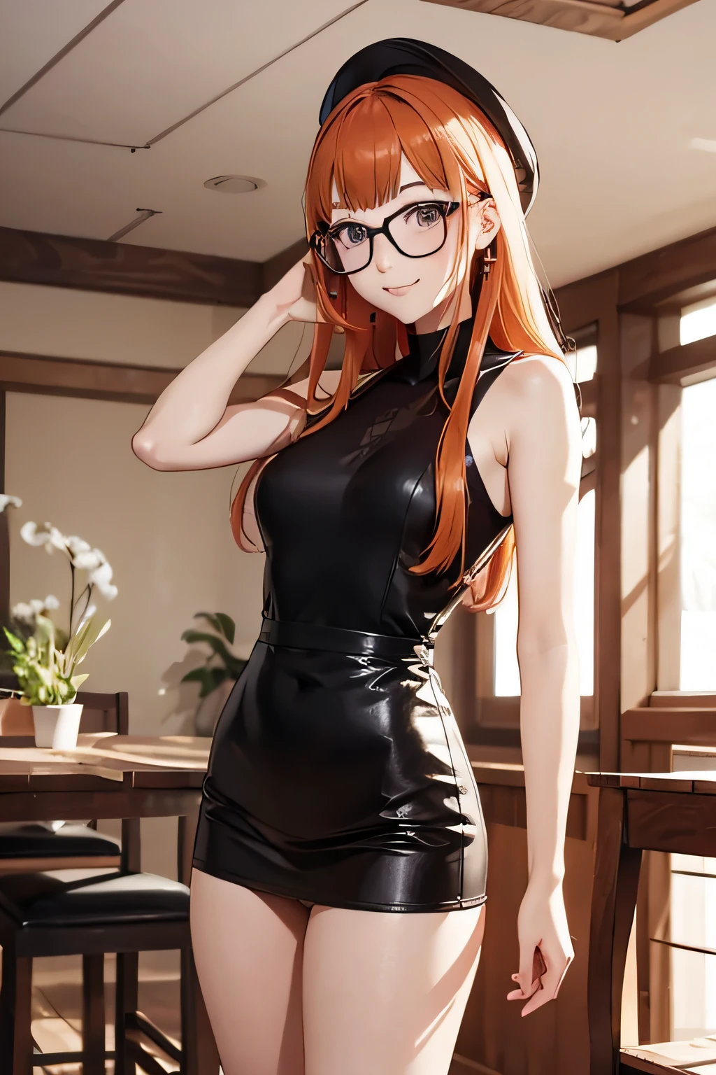 ((Marl)、inside in room、lightly dressed、Valley、full body Esbian、Beautiful legs)、（futaba sakura、orange color hair、Black-rimmed glasses、piece）、1girl in、​master piece、japanaese girl、absurderes、hight resolution、ultra-detailliert、depth of fields、​masterpiece、extremely details CG、3D Photography、3D background、Unity、8K、Hi-Res、top-quality、shadowy、foco nítido、pale-skinned、A detailed eye、blurry backround、dynamic ungle、Exaggeration of gloss、best super feat、a closed mouth、Look at viewers、cute smile face、Red cheeks、Beautiful woman painting by Naoyamae&#39;painting of a、superclear