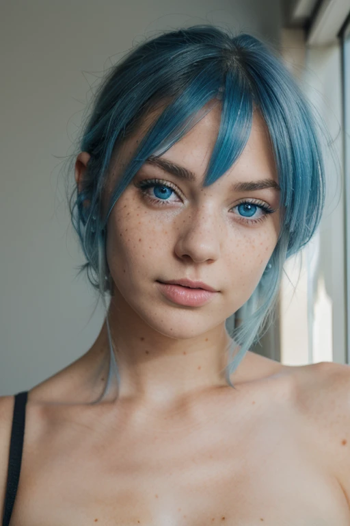 dslr portrait of sexy beautiful young woman with blue eyes and light blue hair, freckles