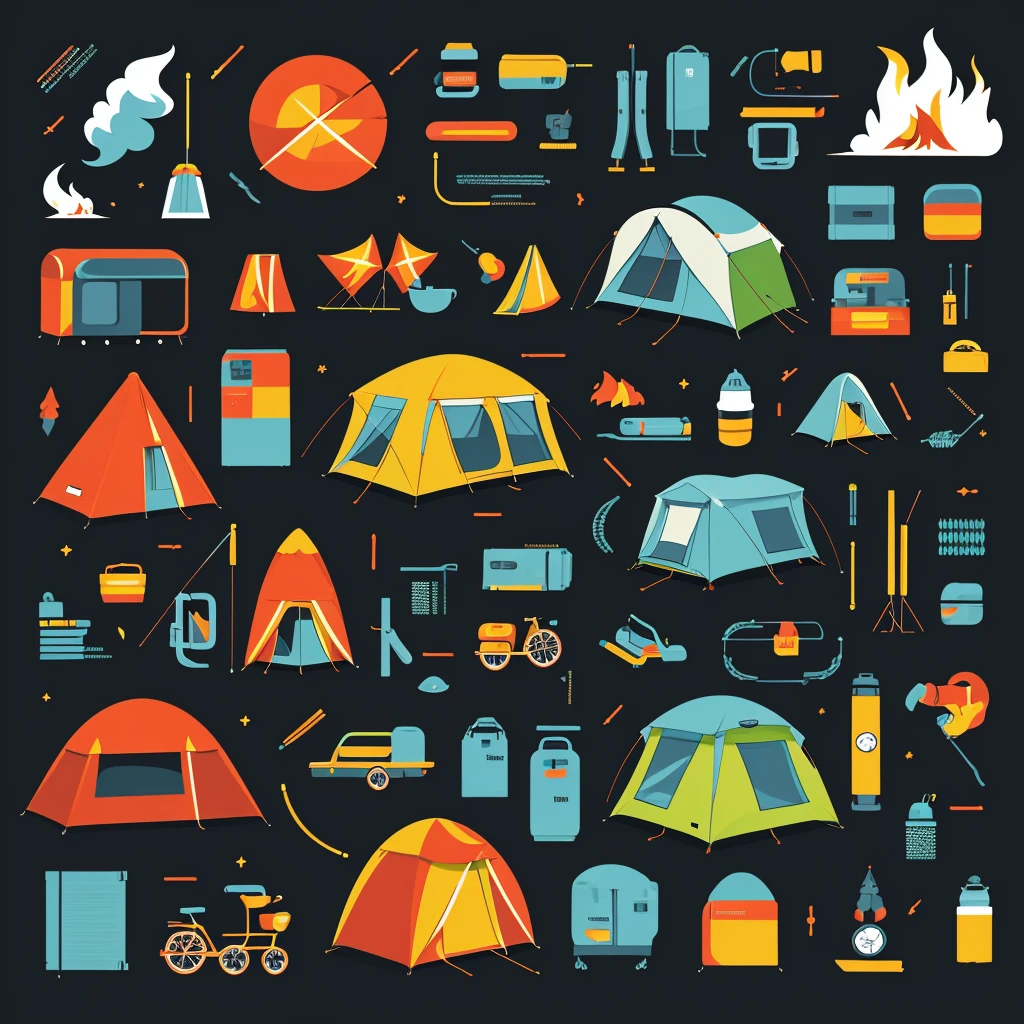 Graphic Design, Flat design, Camping gear,Overall pattern、 London Street, Vivid colors, clean, Vector image, Professional Photographer, explosion of smoke, Simple background, flat black background, Shiny vector image.Full Design
