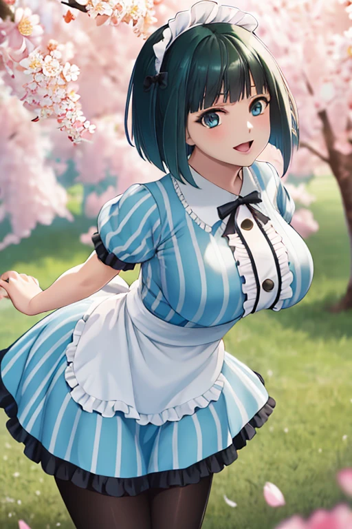 masterpiece, best quality, highres, 1girl, solo, short hair, green hair, bob cut, maid headdress, blue eyes, large breasts, frills, vertical-striped dress, blue dress, short sleeves,  black pantyhose, standing, cowboy shot, arms behind back, smile, open mouth, leaning forward, outdoors, cherry blossoms, NSFW.