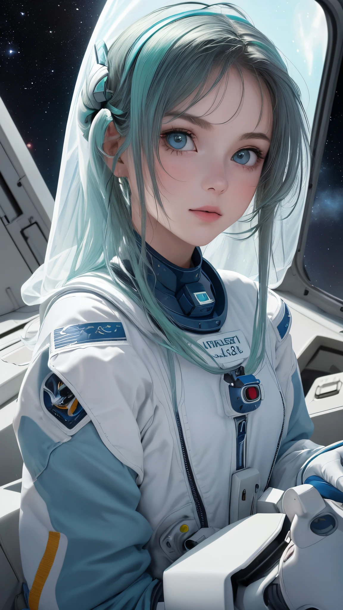 (Best quality, Masterpiece, visage parfait) cheveux verts, Fille de 18 ans, Medium, astronaute dans l'espace