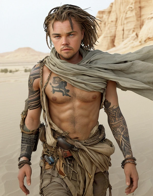 masutepiece,Hyper realistic,Hyper Detailed,Beautiful young man,Wild,desert fighter,Long hair,wearing primitive clothes,Full tattoo,pectoral muscles,Tom Cruise,