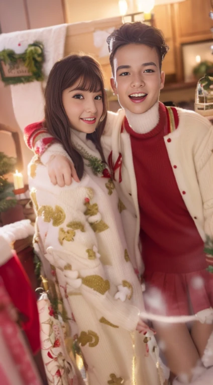 (Best Quality,Photorealistic,hight resolution),2girls,Beautiful detailed eyes,Beautiful detailed lips,Smiling,Laughing,Cute,Christmas Eve,Happy,having fun,Winters,Joyful,excited,Twinkling lights,Decorated Christmas Tree,clew,cosy atmosphere,Warm fireplace,magical moments,sparkling stars,Glowing candles,snowflakes falling,ground covered with soft snow,colorful holiday decorations,red and green colors,Elegant dresses,Fluffy scarves,Happy memories,cherish sisterhood,love and laughter、12-year-old sisters、a baby face、childish、Looking at the camera、Present Box、