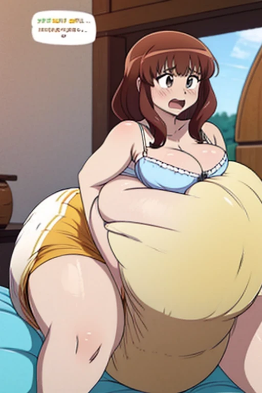 Anime woman enormous bloated expanding diaper mess, huge breast, huge pregnant belly , white bra, moaning