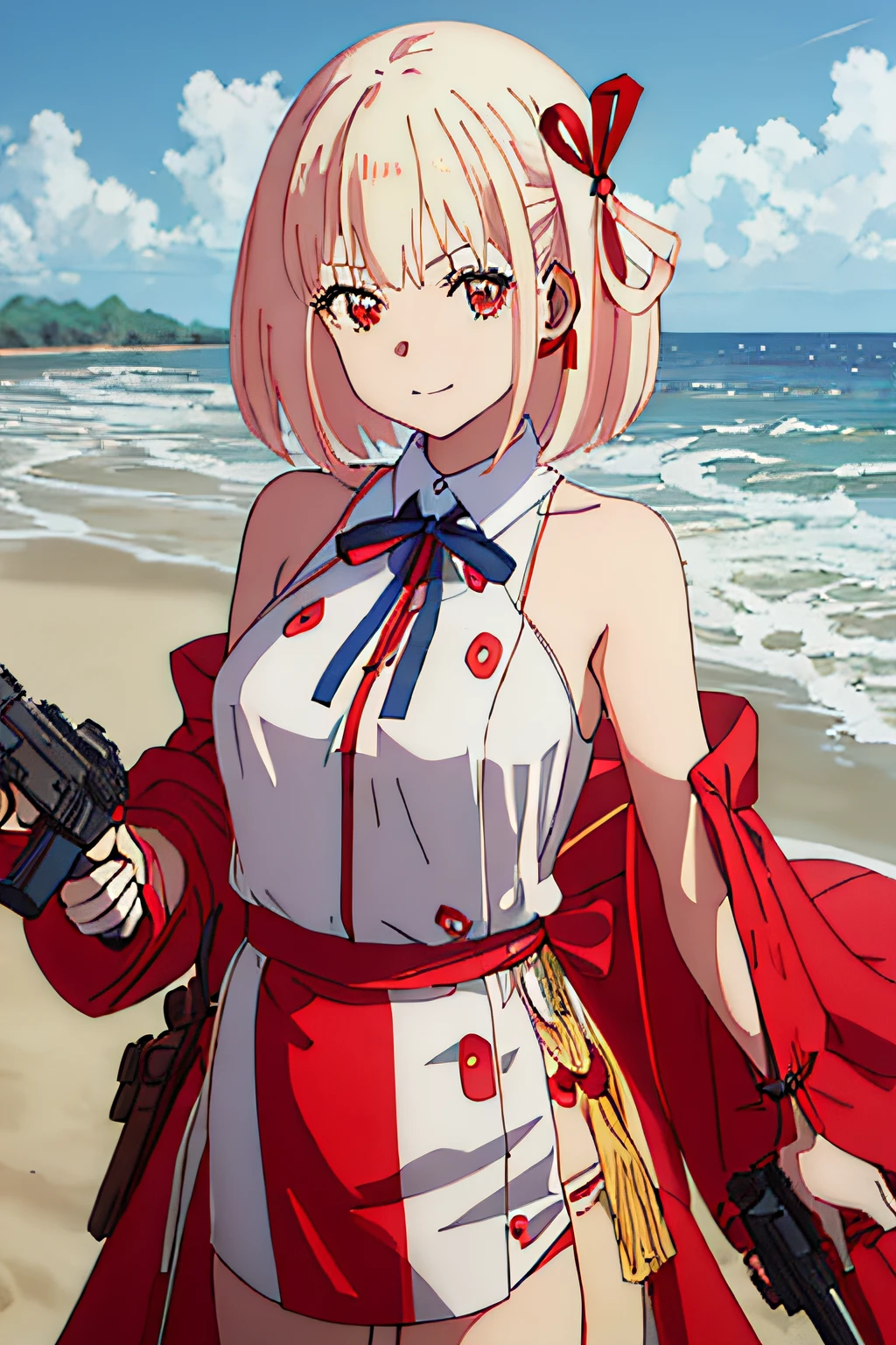 Best Quality, masutepiece, hight resolution, Solo, {nishikigi_Chisato_Lycoris Recoil:1.15}, Short_hair, Bangs, Blonde_hair, Red_Eyes, bow ribbon, hair_bow ribbon, Red_bow ribbon, bobhair_cut, Closed_Mouth, Neck_bow ribbon, Blue_bow ribbon, 1girl in, gun, Handgun, Holding, Holding_gun, Holding_arma, M1911, arma, lycoris_uniform, Red_Dress, 上半身_Body, Dress, up looking_で_viewer, aiming, very aesthetic, Best Quality, Convoluted, Overall details, 1 girl, lightsmile, Facing the front, straight-on, close to viewer, Cowboy Shot, Solo Focus, Convoluted, (Highly detailed),{{On the beach}},{{nude}}, Full body, Pubic hair,SEX, missionaries, Lying,