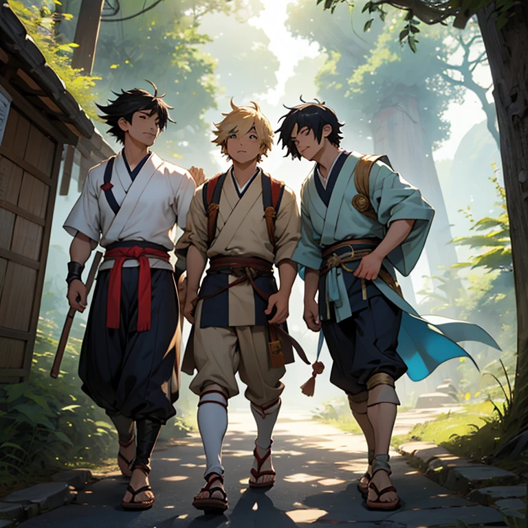 japanese animation, 3 mans,Haruki encounters companions with different races and abilities, Ken and Lute, during his adventure. They cooperate towards a common goal, showcasing their abilities and deepening trust. The trio resolves to embark on a journey of adventure adorned with bonds and friendship.