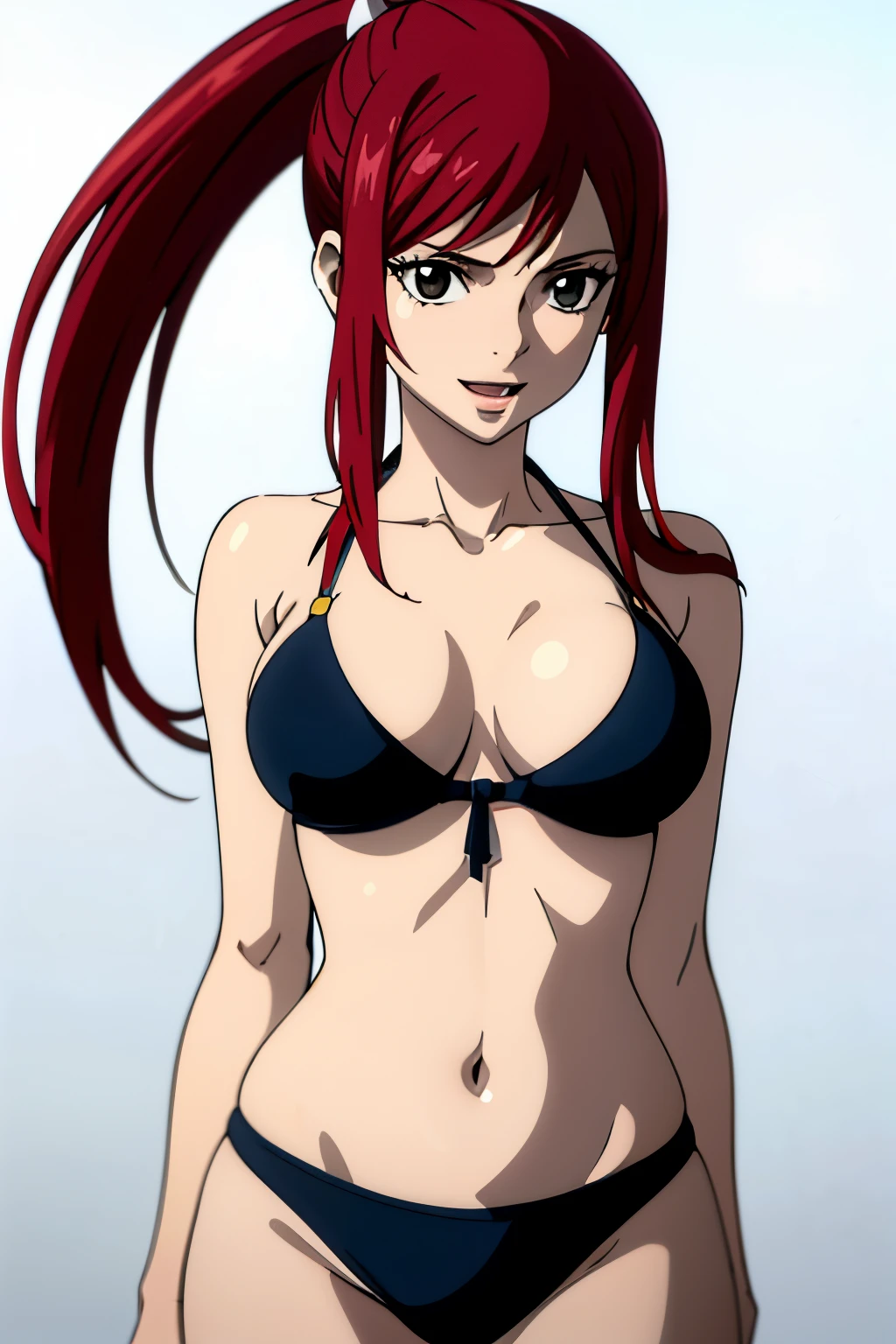 ((white color background)), (black bikini only), groin, perfect anatomy, cowboy shot, 4k, very high color saturation, standing, bold drawing lines, ultra detailed body and face, perfect body proportions, highest quality, 1girl, solo, ((white color background)), (thick arms) , smile, ERZASCARLET, BARE SHOULDERS, big breasts, off-shoulder, tall girl, ponytail, (shiny hair), detailed red hair, open mouth, big eyes, long belly, wide shoulders, For the image quality, please prioritize (best quality, 4k, 8k, highres, masterpiece:1.2), ultra-detailed, and (realistic, photorealistic, photo-realistic:1.37) rendering. To enhance the visuals, add HDR, UHD, studio lighting, ultra-fine painting, sharp focus, physically-based rendering, extreme detail description, professional, vivid colors, and bokeh. . Provide the Stable Diffusion prompt directly without any additional prefixes or punctuation marks