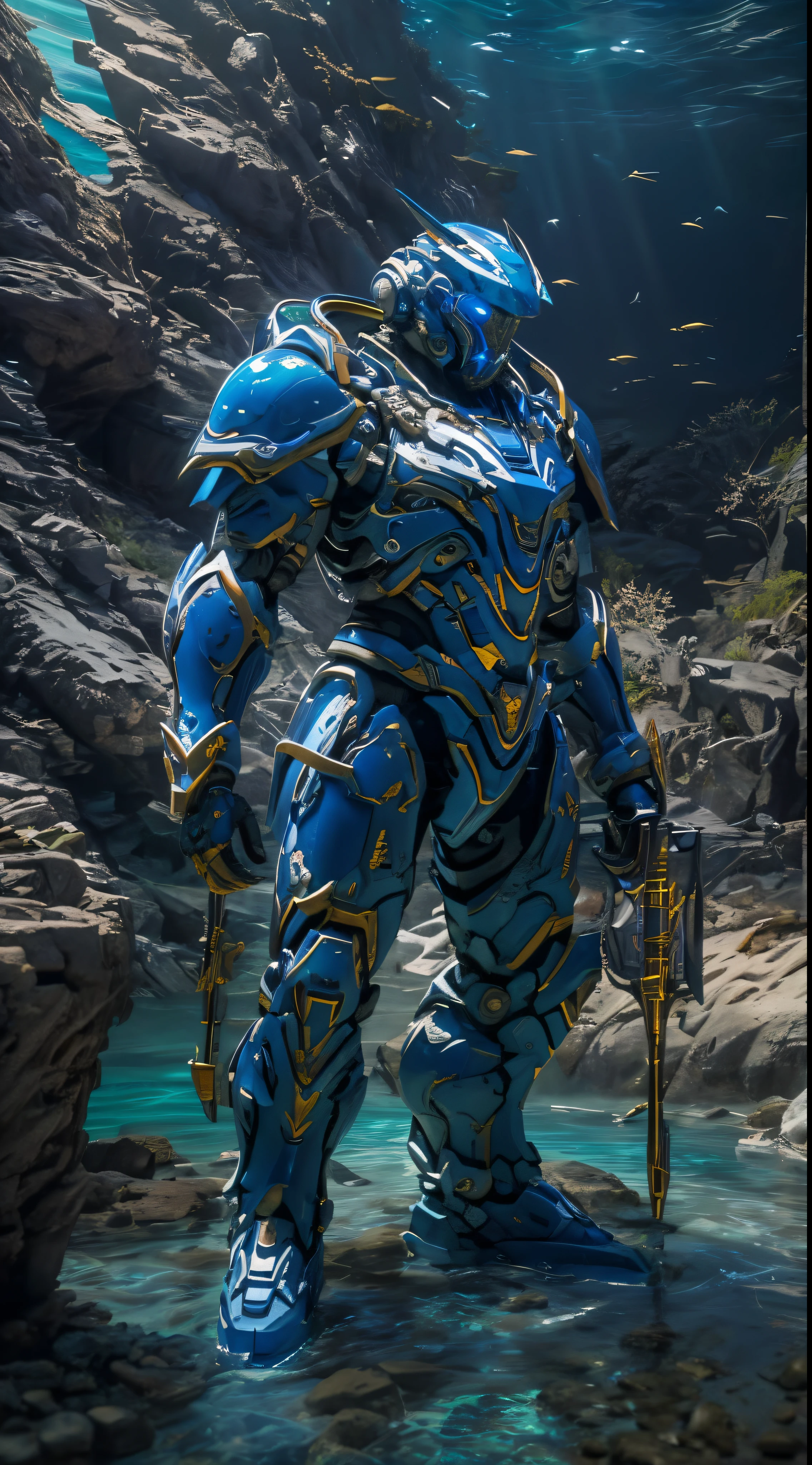 巨作,Best quality,high detal,Epic and very detailed,Super quality,8K,unreal-engine,ultra - detailed,hight contrast,hyper-detailing,Best quality at best,超高分辨率,Jiuzhaigou,ocean floor,direct sun light,Underwater Mysterious Fortress,Wearing blue and white mechanical armor、Male guard holding weapon,see the guard#39;s face,Serious look,serious looking,Remind your audience,Marine life