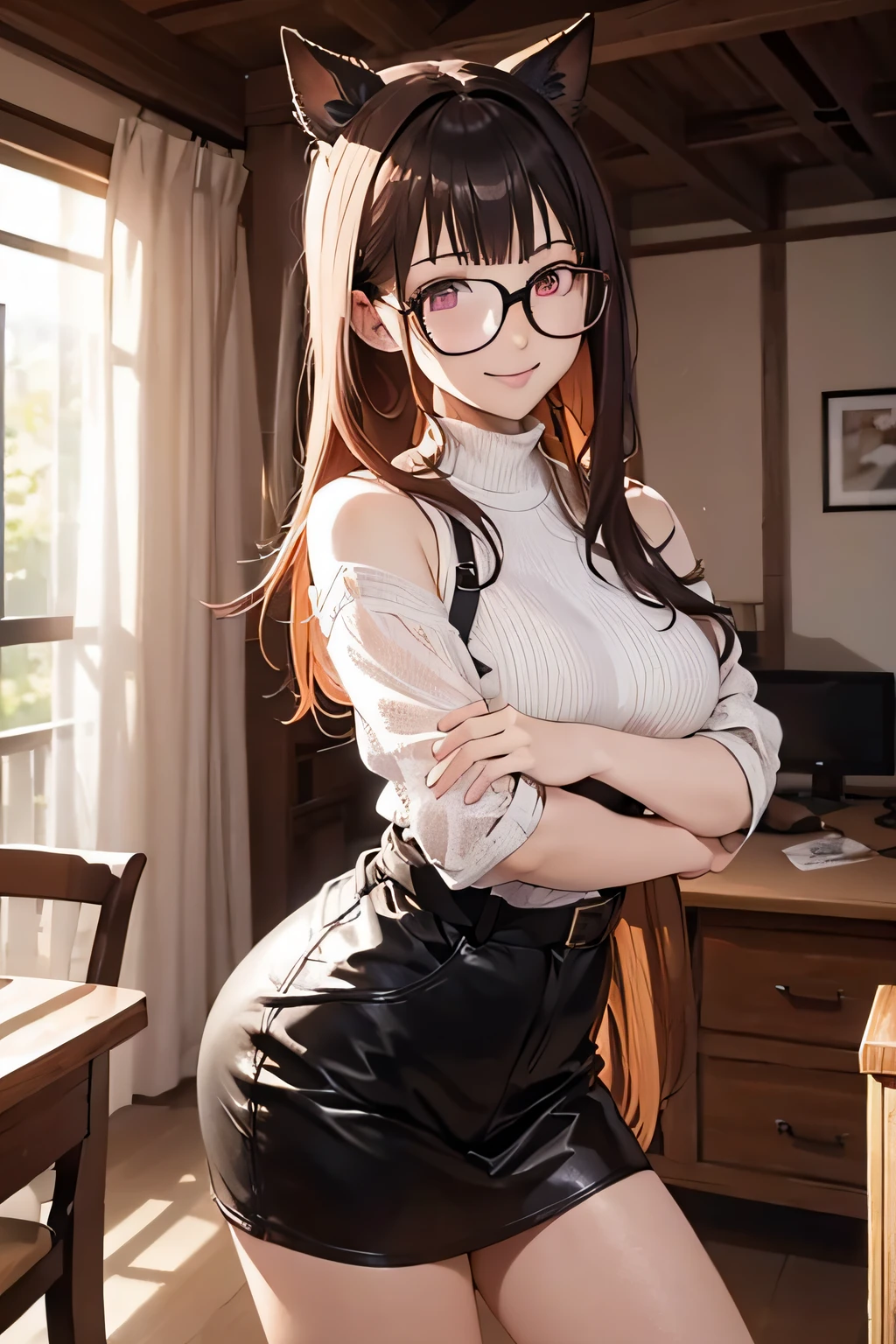 ((Marl)、inside in room、lightly dressed、Valley、full body Esbian、Beautiful legs)、（futaba sakura、orange color hair、Black-rimmed glasses、piece）、1girl in、​master piece、japanaese girl、absurderes、hight resolution、ultra-detailliert、depth of fields、​masterpiece、extremely details CG、3D Photography、3D background、Unity、8K、Hi-Res、top-quality、shadowy、foco nítido、pale-skinned、A detailed eye、blurry backround、dynamic ungle、Exaggeration of gloss、best super feat、a closed mouth、Look at viewers、cute smile face、Red cheeks、Beautiful woman painting by Naoyamae&#39;painting of a、superclear