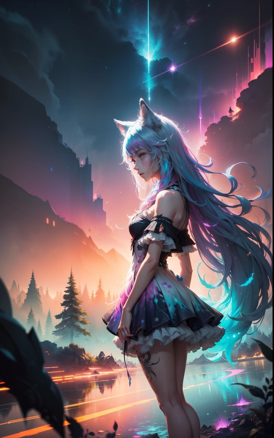 watercolor, hdr, chromatic aberration, anton fadeev, carne griffiths, cosmic cacophony, limitless, beizu style 1girl, wolf girl, (wolf ears), lake, multicolor long hair, face, frilly dress, full body, psychedelic theme, pastel colors, hires wallpaper, album cover,
