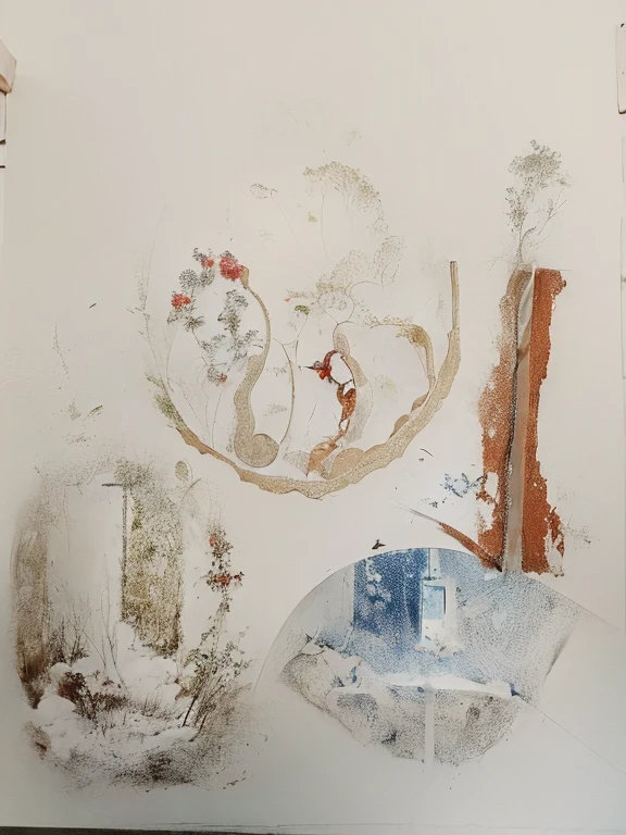 There a red wall sticking out of the window on the lower left. A hand sticking out of the window. There a tree on it. On the lower right space. A tree planted on it. In the middle a mirror with strange animals inside.