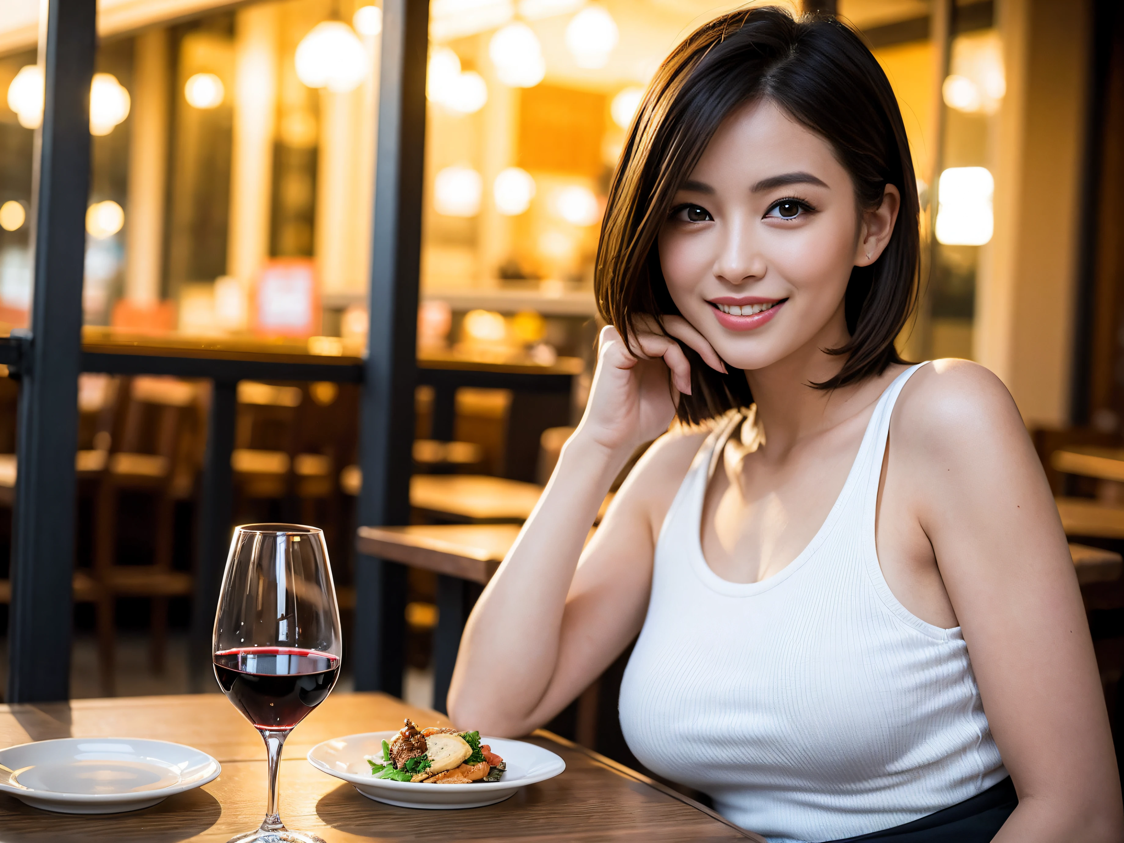 (64k uhd, nffsw, of the highest quality, masutepiece: 1.2), (Realistic, Photorealistic: 1.37), Pretty Woman 1, (Slim Face), (Slim body), (Brown hair), (short-cut), cheeks blush a little, (40 years old), 38 years, Solo, A beautiful and detailed night view spreads out outside the window..., restaurant, Sitting in a wine glass, At night, In a prominent place (from waist up) NovaFrogStyle, actress, Model, waist-up, white wine, slim, wine glasses, Super clean night view, Wine glass placed in the middle, Happy smile, (Smile: 1.15), Beautiful fine eyes, Upper body, Bust Japan Up, Night, Short, Short, actress, Model, waist-up, white wine, slim, wine glasses, Super clean night view, Wine glass placed in the middle, Happy smile,