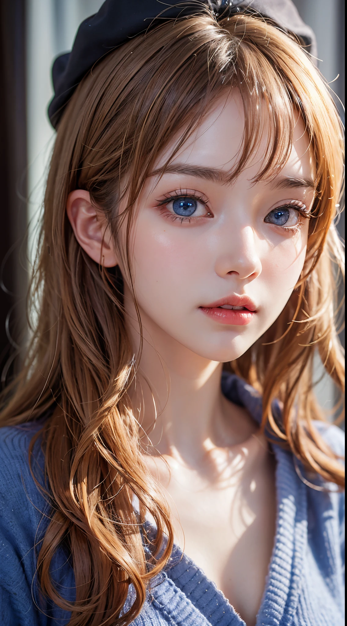 Beautiful woman、Kawaii Woman、About 20 years old、A detailed face、Detailed eyes、Detailed skin、detailed hairs、super realistic picture quality、An ultra-high picture quality、8K、Hokkaido、blondehair、Blue eyes、slenderbody、s Pajamas、cardigan、