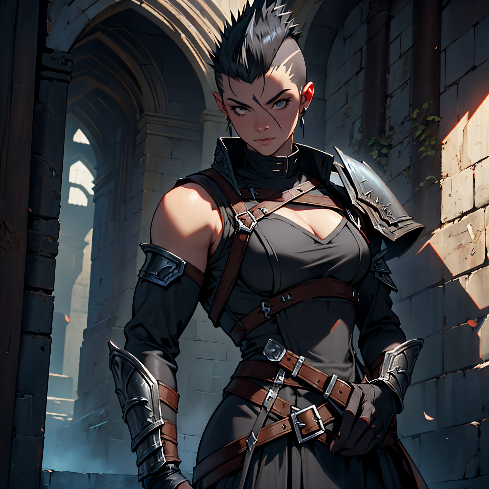 ​masterpiece, Best Quality, detailed, Cinematics, 4k, Background with: medieval dungeon stairs, Mature female warrior wearing black assassin uniform#39;creed armor (dark gray mohawk hair)