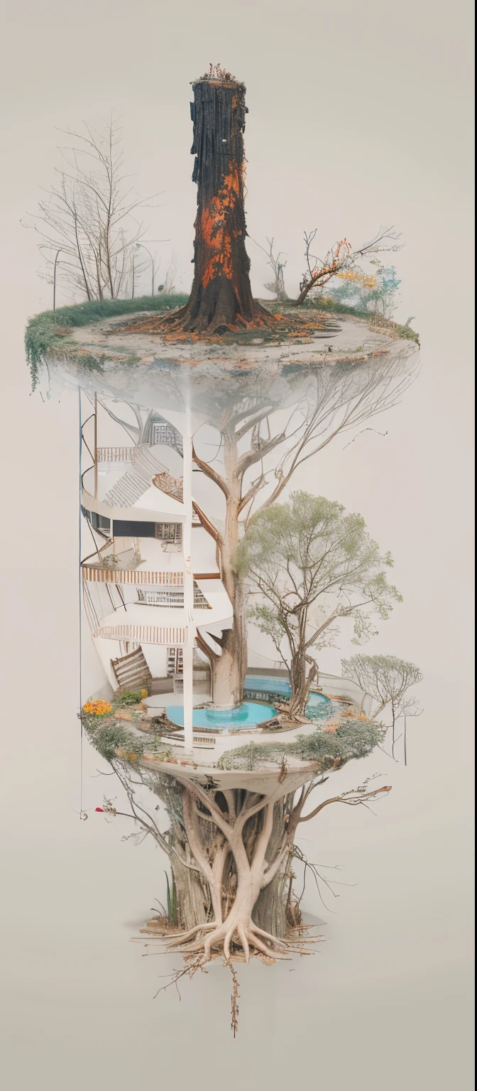 There a black face on the top with colored magma on the back.,Generates a colored mask above the head,Thick tree roots extend from beneath the magma,A fist grows from the root and sticks into the glass,A spiral staircase was built next to the root to reach the upper part.。The picture required to reflect the surreal,A hand-drawn drawing with a combination of lines and surfaces。
