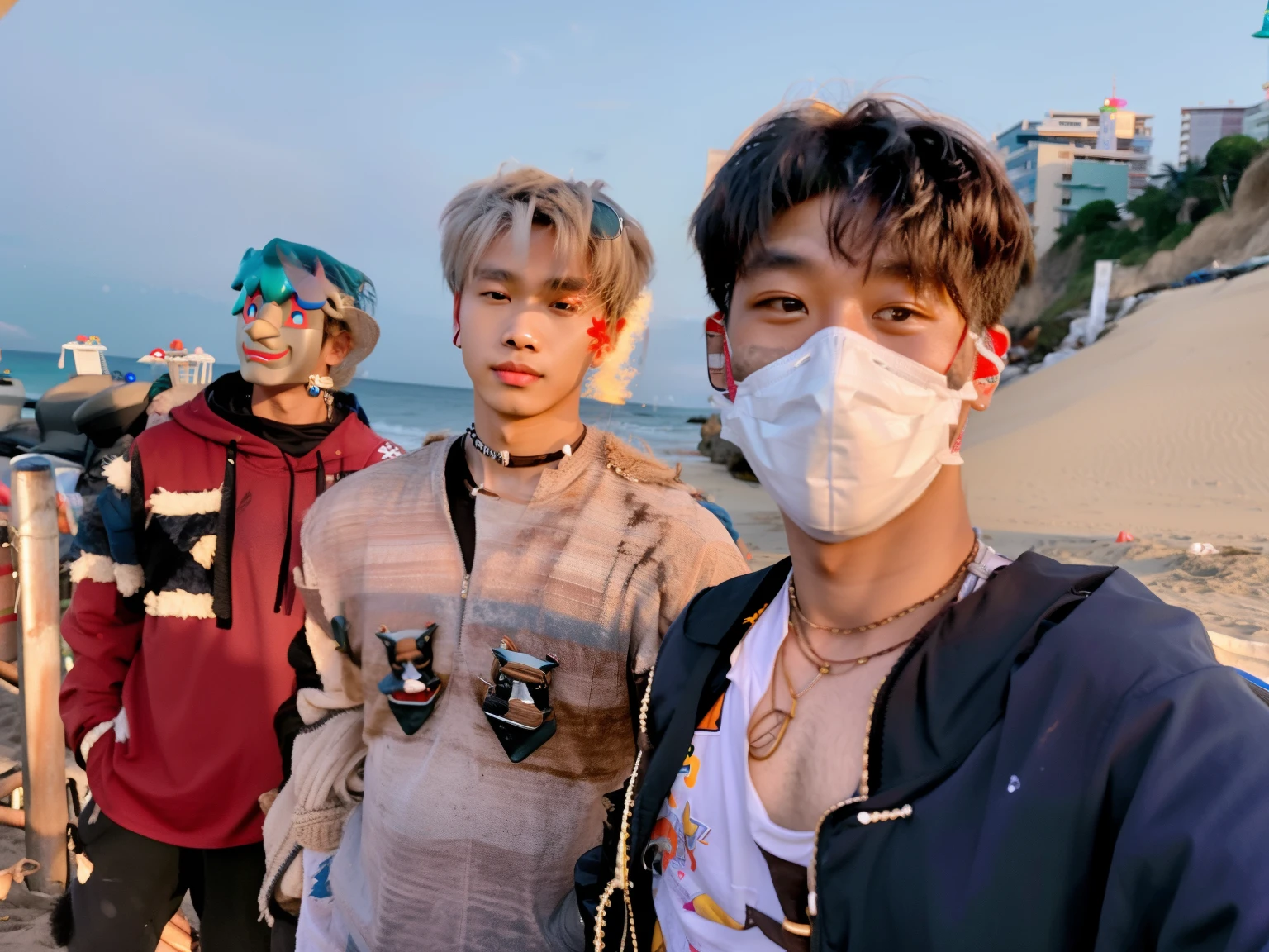 three men wearing masks standing next to each other on a beach, some of them use gask mask, wearing facemask, people are wearing masks, photo taken in 2 0 2 0, selfie, selfie photo, student, 8k selfie photograph, help me, facebook post, during sunset, south east asian with round face, ash thorp khyzyl saleem
