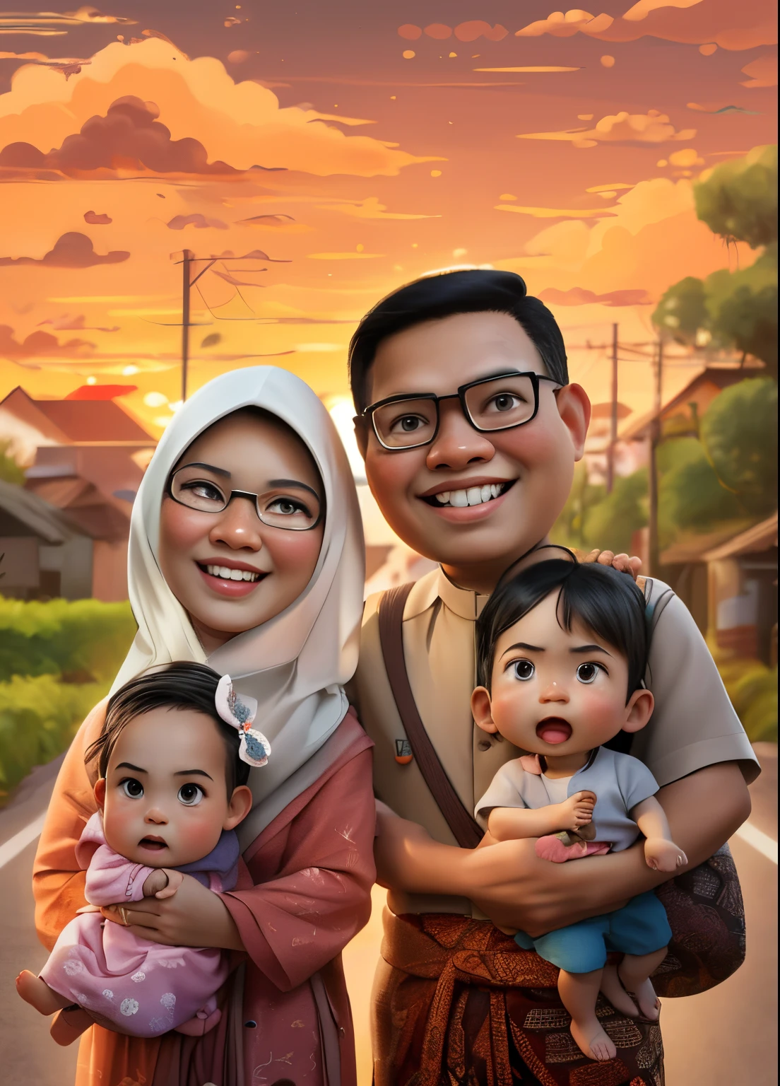there are two people holding two children on a road, an indonesian family portrait, happy family, realism artstyle, cartoon artstyle, in cartoon style, with sunset, cartoon digital art, caricature illustration, realistic cartoon, realistic portrait photo, cartoon digital painting, foto realistic, cartoon art, barong family, cartoon art style, photorealistic!!!!!!! art style, digital art cartoon