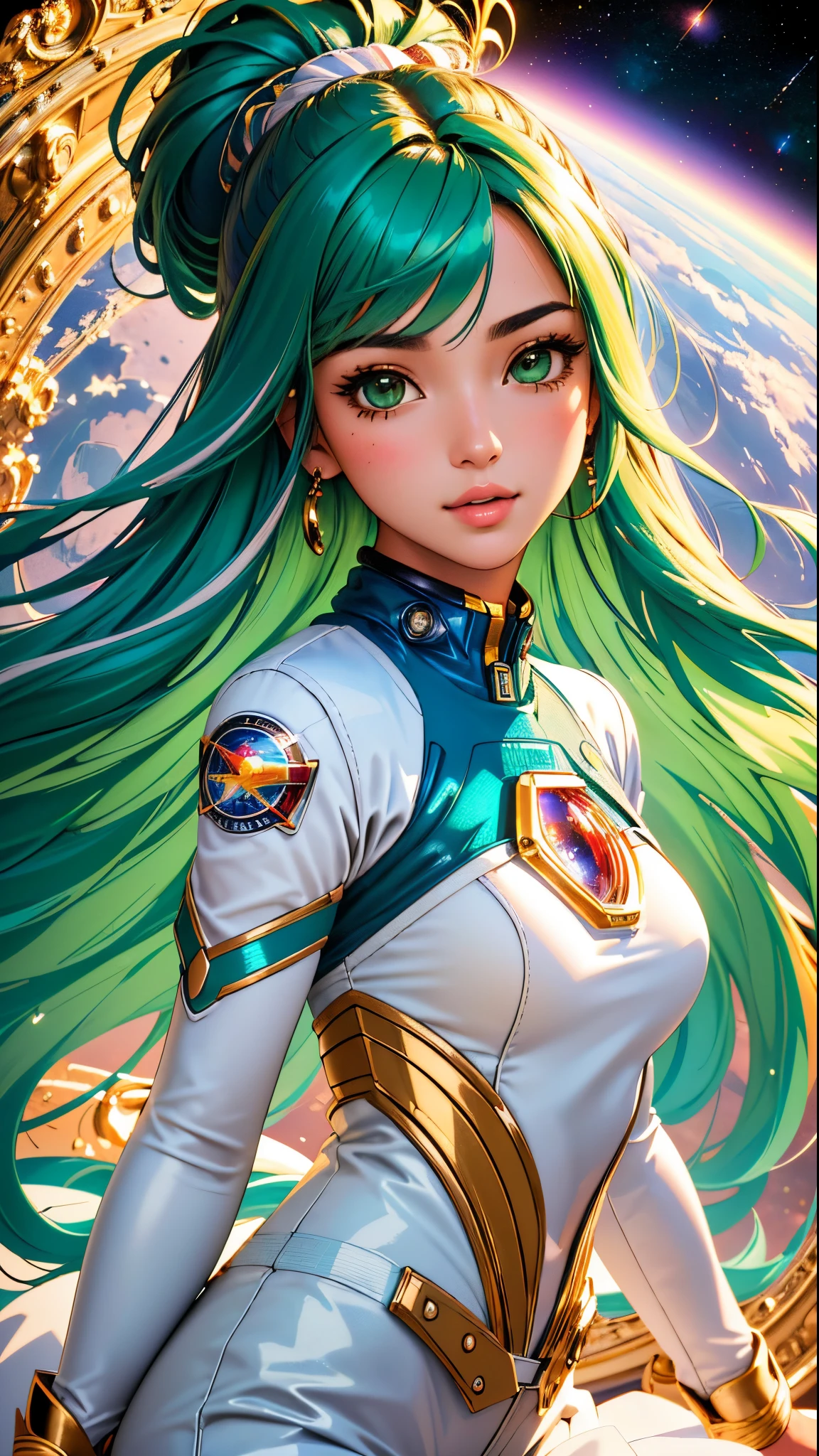 (best quality, masterpiece, perfect face, beautiful and aesthetic:1.2, colorful, dynamic angle, highest detailed face) full body photo, fashion photography of cute astronaut girl with long iridiscent green hair, in space with galaxy behind, 35mm, bokeh, 9:16, (intricate details, hyperdetailed:1.15), detailed, sunlight passing through hair (high contrast, official art, extreme detailed, highest detailed),