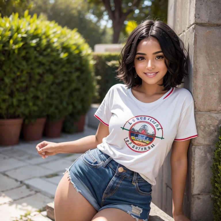 hemosa chica adolesente mexicana chica latina ,  ,una mujer joven con cabello corto negro , cabello corto hasta los hombros, ojos brillantes, pelo corto hasta los hombros, ella esta en la escuela , atardecer, pecas en mejillas , usa una playera blanca de manga corta , playera blanca con imagen de estrella ,usa  falda negra , linda falda negra  , calcetas blancas , tenis verdes , linda sonrisa , maquillaje ,con una gran cantidad de detalles, Best Cinematography, obra maestra, luz cinematografica, sonriente, feliz, cuerpo completo , fuera de escuela , mirada sexy , posa para la foto