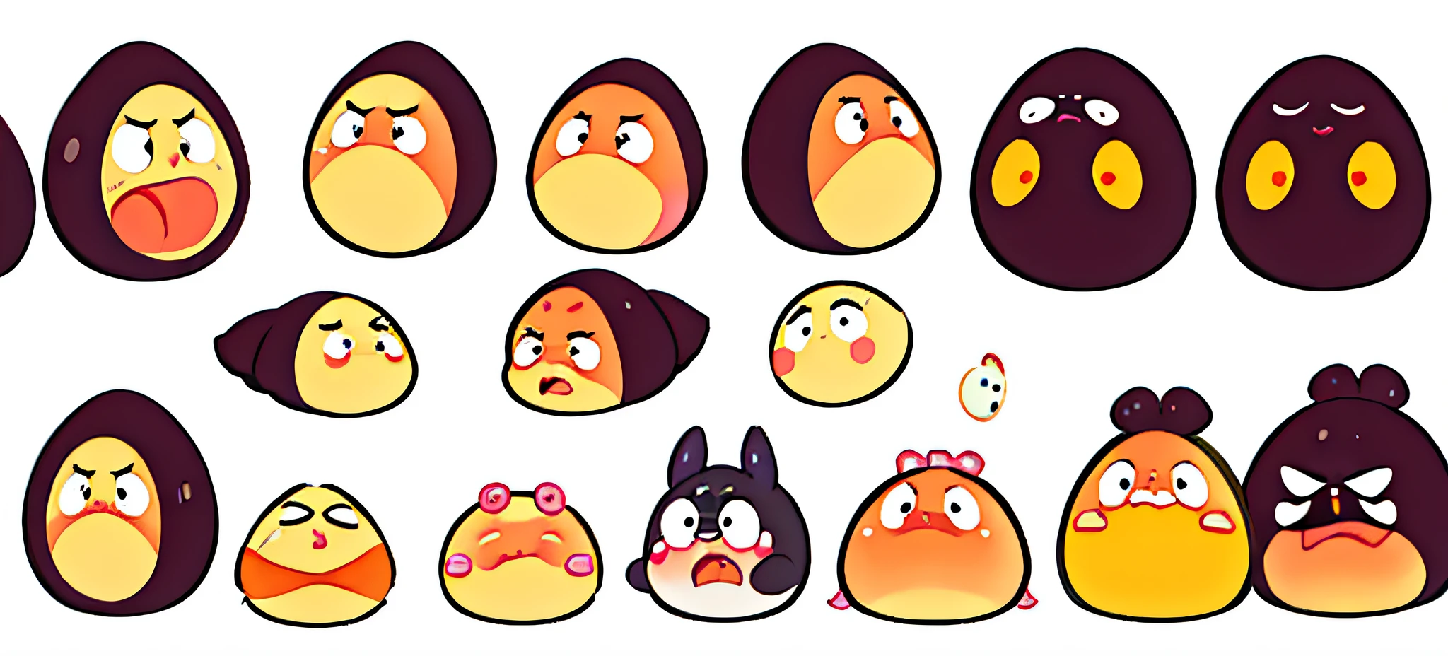 Close-up of a pile of different types of eggs, blob anime, Crying kawaii face, different expression, blobs, adorable expression, neutral expressions, happy face, expressed, Soft but grumpy, cute character, r/Wow a lot, Wow a lot, Happy expression, The soft, A helpless expression, various emotions, Micro-expressions, The confused expression, punchable expression